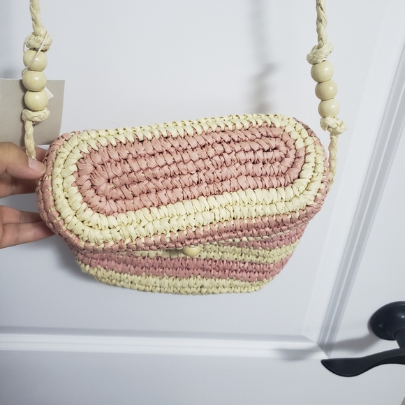 ZARA Pink Cream Straw Crossbody Shoulder Bag - Picture 5 of 9